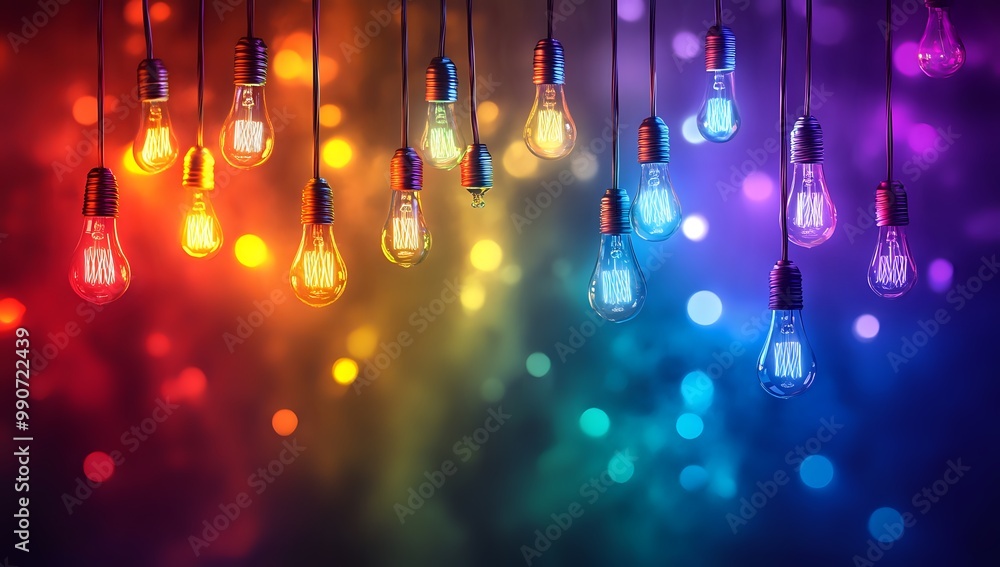 Poster a row of vintage lightbulbs, each glowing with a different colour. the bulbs are hanging from wires 