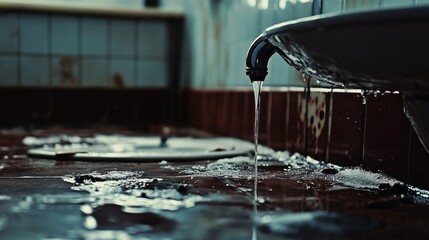 Broken faucet on a bathroom sink, water dripping constantly, with visible damp stains on the floor.