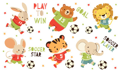 Set of flat vector illustrations in children's style. Cute animals in uniform playing soccer. Lion elephant elephant tiger hare mouse and bear. Sports-themed inscriptions and lettering. Vector
