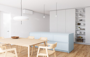 A modern minimalist kitchen and dining area filled with abundant natural light