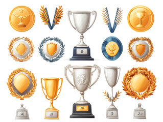 Set of gold awards, including trophies, olive wreaths, and medals, isolated on white background