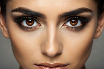 Fototapeta premium Warm, light brown eyes sparkle with intensity, accentuated by dark eyelashes and arched brows that shape a captivating