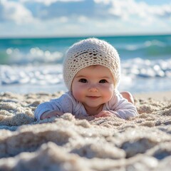 Portrait of adorable newborn baby at the beach
