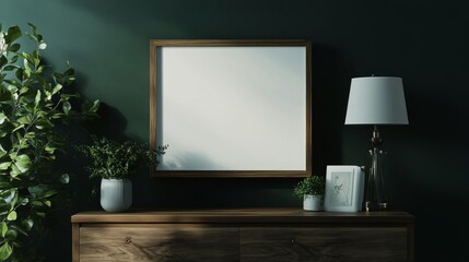 Contemporary frame mock-up in a dimly lit dark green interior, resting on a wooden commode with minimal decor