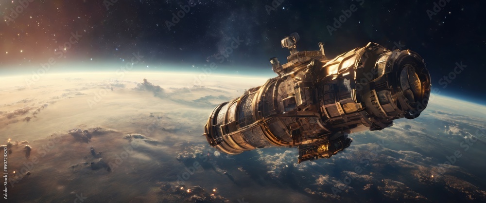 Poster a futuristic spacecraft floats above earth's atmosphere, capturing a view of distant stars and the p