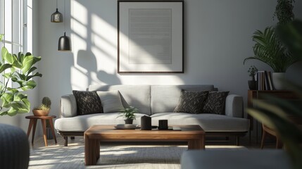 Obraz premium A realistic 3D model showing a poster hanging on a living room wall, with modern furniture and decor.