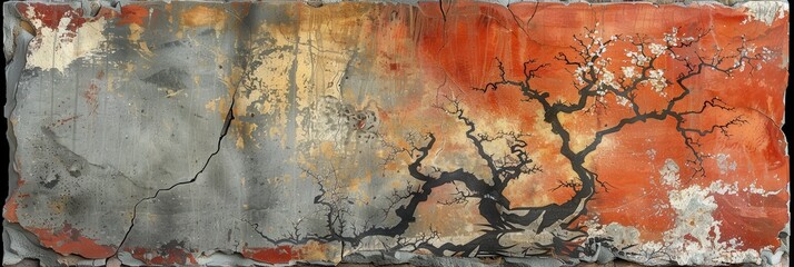 Abstract painting with vibrant orange and grey tones featuring tree branches. Modern artistic expression perfect for contemporary decor.