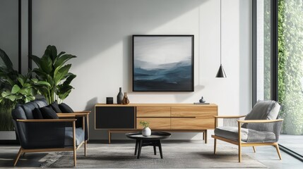 A realistic 3D model showing a poster hanging on a living room wall, with modern furniture and decor.