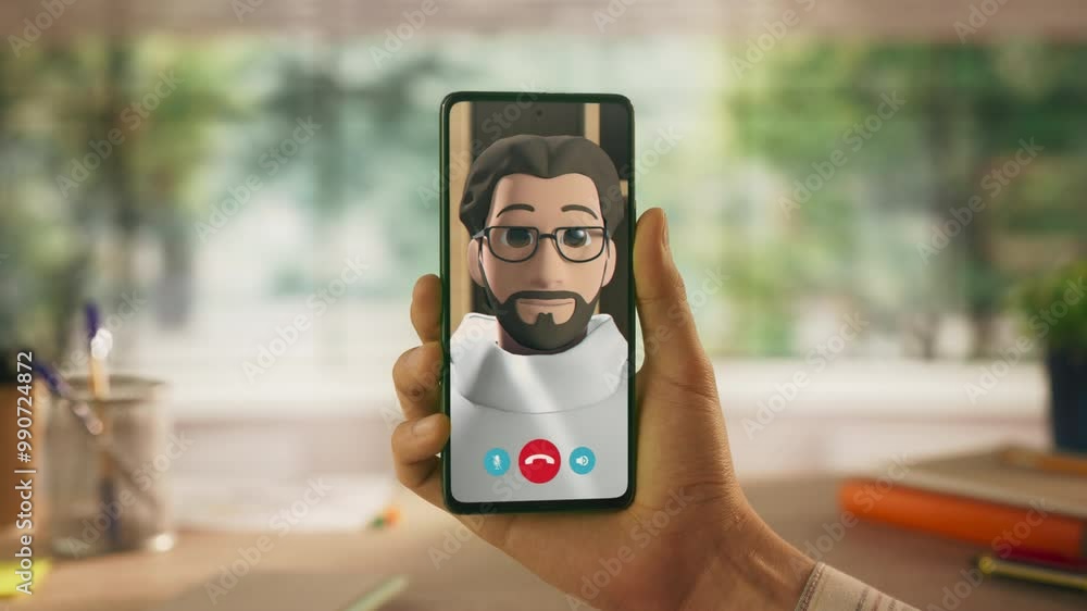 Poster close-up of hand holding smartphone during video call with 3d avatar. animated character with glasse