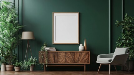 Elegant frame mock-up on a modern commode, surrounded by stylish decor in a dark green living room interior.