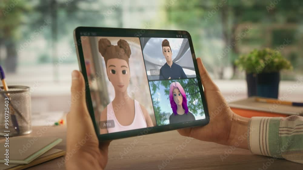 Fototapete close-up of hands holding tablet during video call with three animated avatars. engaging in a virtua