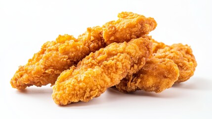 Crispy chicken fingers against a plain white backdrop.