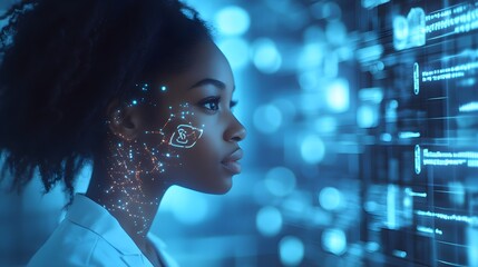 AI-powered healthcare hologram, Black female pharmacist analyzing data, glowing medical symbols, side profile view, illuminated by holographic lights, sleek and modern, 3D rendering