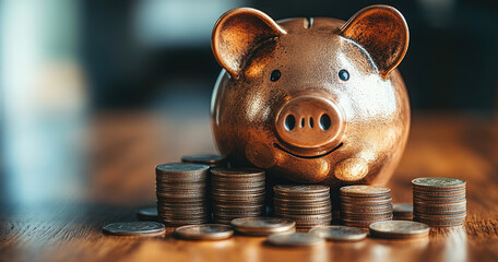 Photo of a piggy bank with coins stacked next to it on the table, symbolizing financial skills and combining money management techniques for success. Created with Ai