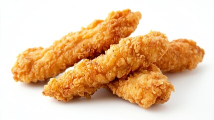 Crispy chicken fingers against a plain white backdrop.