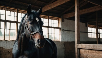 black horse in a stall