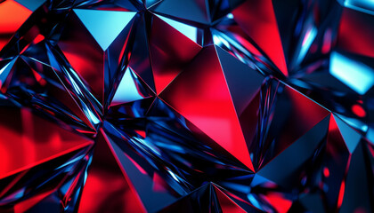 A close-up of intricate, reflective geometric shapes in vibrant red and blue hues, creating a dynamic visual effect.