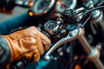 A rider grips the handlebar of a motorcycle while adjusting speed on a city street during sunset