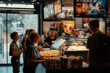 People watch movies in theaters, some line up to buy popcorn and drinks at concession stands, creating an atmosphere of excitement and anticipation.