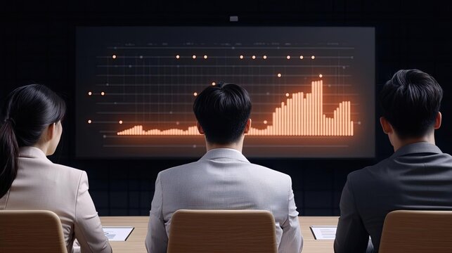 Business professionals analyzing data trends on a screen, focusing on a statistical graph during a meeting.