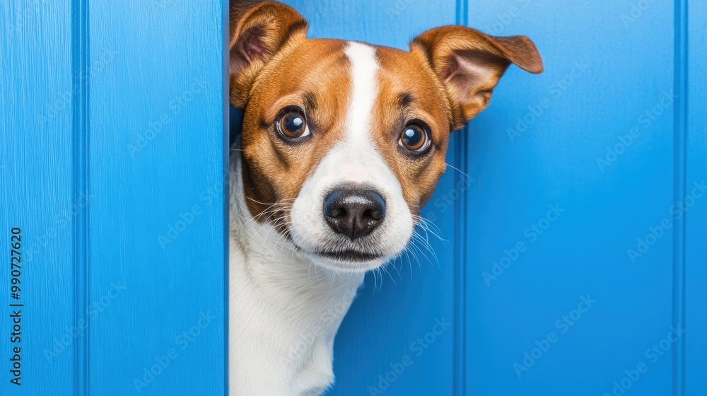 Canvas Prints A dog peeking out of a blue door with its head sticking through, AI