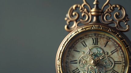 Fototapeta premium A vintage-style bedside clock, showing intricate details and subtle reflections on its metallic surface, against a muted gray background