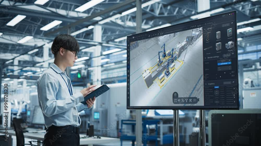 Poster smart factory innovation: asian engineer analyzes concept of automated production line on large scre