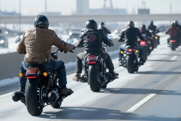 A group of motorcycle riders cruising on a city highway during a sunny day in early spring, showcasing their diverse bikes and leather jackets