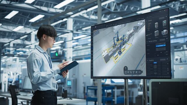 Smart Factory Innovation: Asian Engineer Analyzes Concept of Automated Production Line on Large Screen TV Screen. Using Digital Tablet Computer He Optimizes Manufacturing in Industrial Facility