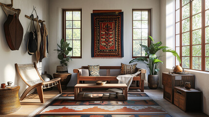 Fototapeta premium Eclectic studio interior with a blend of global-inspired textiles, rustic wooden furniture, and contemporary art elements