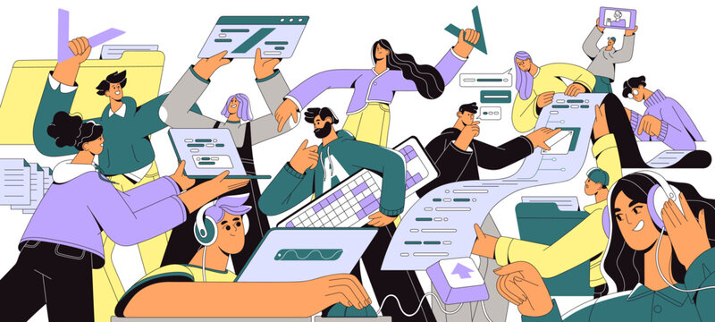 Software development teamwork. Programmers work together. Engineer team programming, coding with laptops. People write code, script for web. Flat isolated vector illustration on white background
