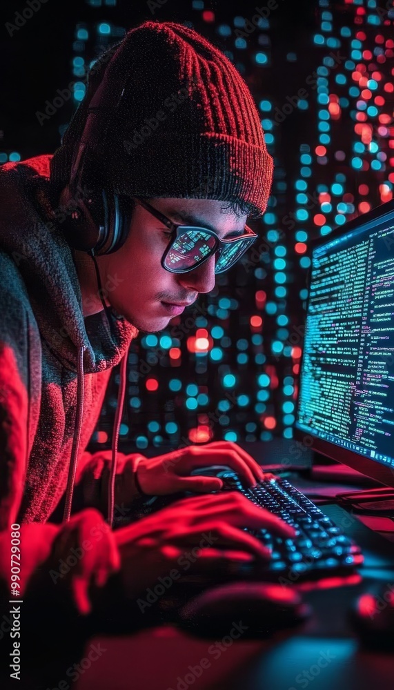 Poster young focused hacker working on code, cybersecurity and ai technology threats concept.