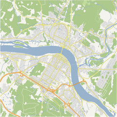 Map of Fredericton in Canada in a normal road map style. Contains layered vector with roads water, parks, etc.