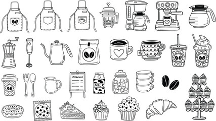 Coffee and pastry shop elements line art illustration set. Barista accessories and tools, cafe appliance and equipment, coffee drinks, pastry desserts and more. Hand drawn vector illustrations.