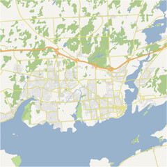 Map of Kingston in Canada in a normal road map style. Contains layered vector with roads water, parks, etc.