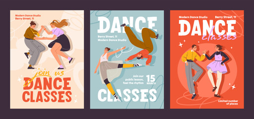 Set of event posters of dancing master class from artists. Design templates of dancers' performance promotion. Advertising of ballet, breakdancing, lindy music lessons. Flat vector illustrations