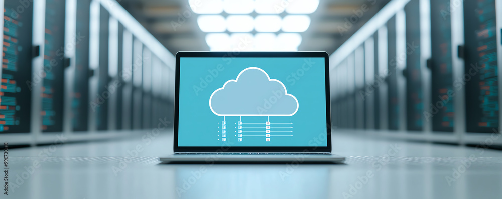 Poster cloud storage deployment process shown on a laptop screen, with progress bars and file transfer upda
