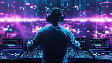 DJ performing with advanced equipment in neon environment.