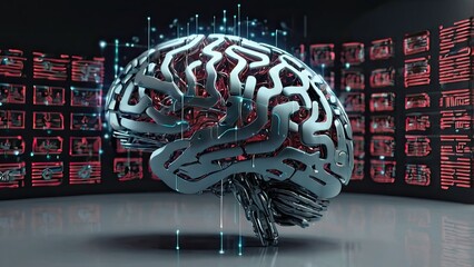 3D illustration concept of brain augmented reality integration with AI, artificial intelligence robot brain