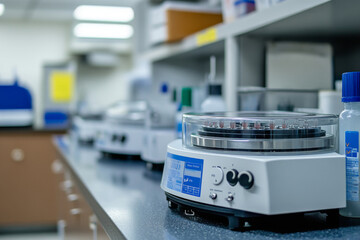 Cutting-edge laboratory instruments process various blood samples while illuminated by vibrant colored lights in a high-tech research facility.