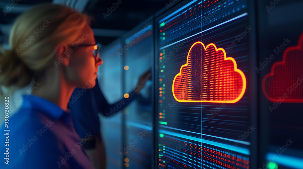 Poster cloud storage servers being deployed remotely, with it personnel monitoring the process via a digita