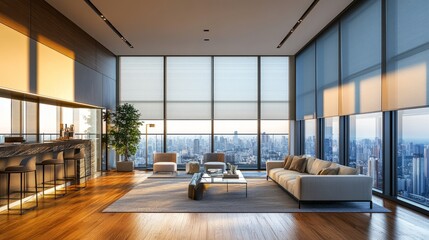 Fototapeta premium Stylish interior with floor-to-ceiling windows, motorized roller blinds, wooden decor panels, and solar shades for a serene environment.