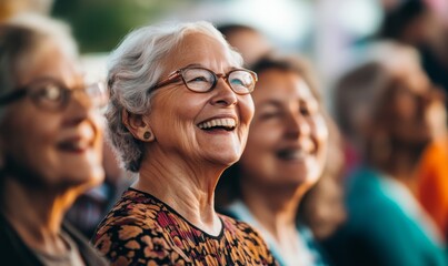 Obraz premium Smiling woman in glasses with gray hair.