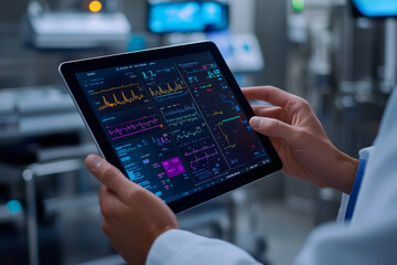 A healthcare worker observes vital patient statistics displayed on a tablet while conducting evaluations in a hospital environment at night.