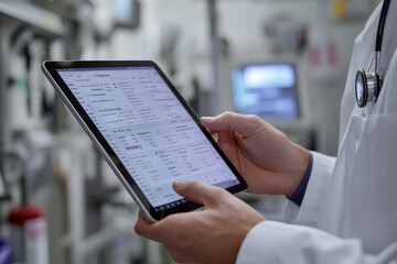 A healthcare worker observes vital patient statistics displayed on a tablet while conducting evaluations in a hospital environment at night.