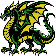 Green and yellow dragon vector illustration in a fierce pose with a white background for copy space