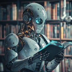 Advanced humanoid robot reading a futuristic book