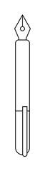 A fountain pen with a detailed nib and clip, depicted in black and white line art style. Ideal for stationery, writing, education, creativity, and design themes. Minimalist vector.