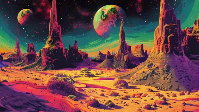 Psychedelic western landscape with towering rock formations, desert, alien planets, and starry sky. Surreal art of 70s