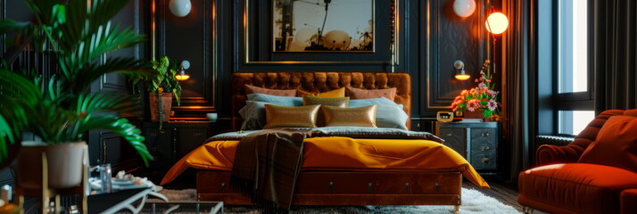 A lavish and sophisticated bedroom with high-end finishes, plush furnishings, and a focus on comfort and relaxation.